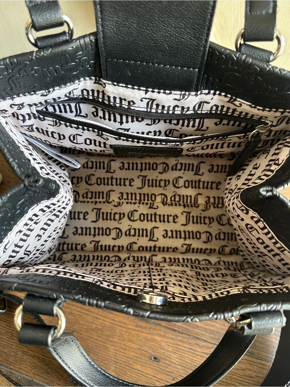 Juicy Couture Black Monogram Satchel Crossbody Bag Silver Logo Charm